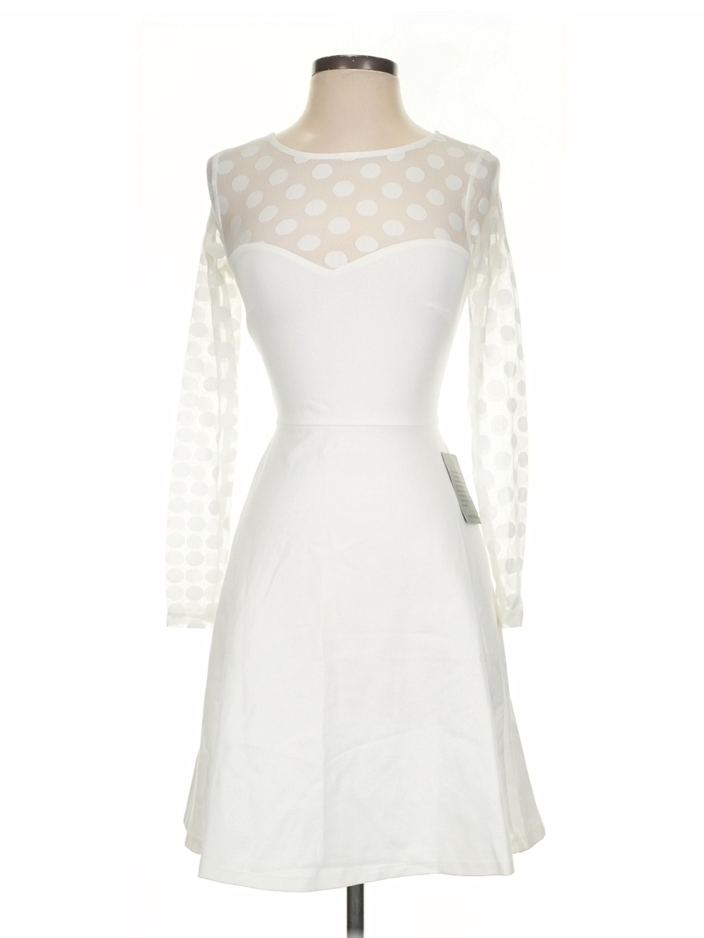 Nordstrom White Polka Dot Mesh Long Sleeve Fit & Flare Dress